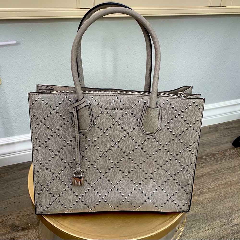 MK Mercer Grommeted Leather Grey Tote Studded